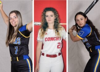 a series of three photos of women in softball uniforms